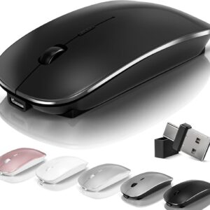 Kovess Wireless Bluetooth Mouse for Mac Air MacBook Pro Laptop PC Pad Optical Rechargeable Silent Mouse with Jiggler Mode Dual Mode Switch Bluetooth 5.2/3.0 and 2.4G USB-A & USB-C Receiver Black