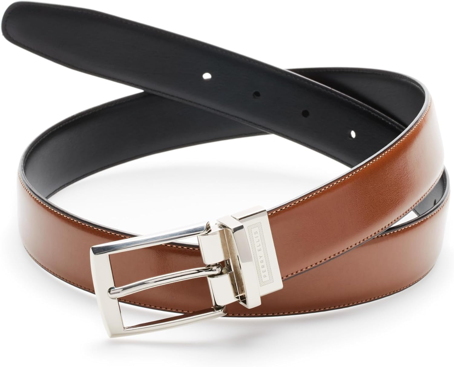 Perry Ellis Men's Portfolio Amigo Reversible Leather Belt, Stitched Edges, Durable, 1.5” Width (Available in Big & Tall)