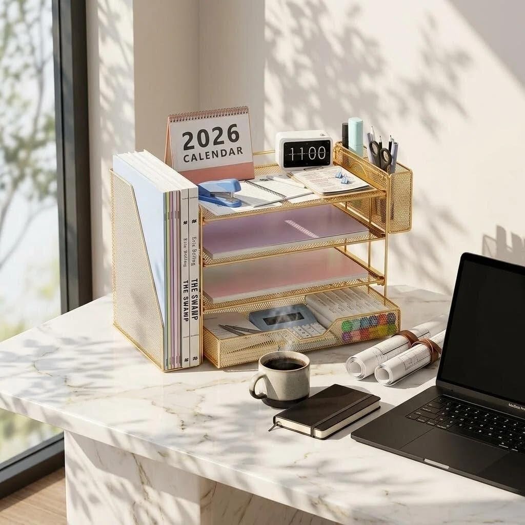 OPNICE Desk Organizers and Accessories, 4-Tier Office Desk Accessories & Workspace Organizers with Drawer and Pen Holder, Desktop Paper Tray File Organizer for Home Office Supplies, Gold - Image 9