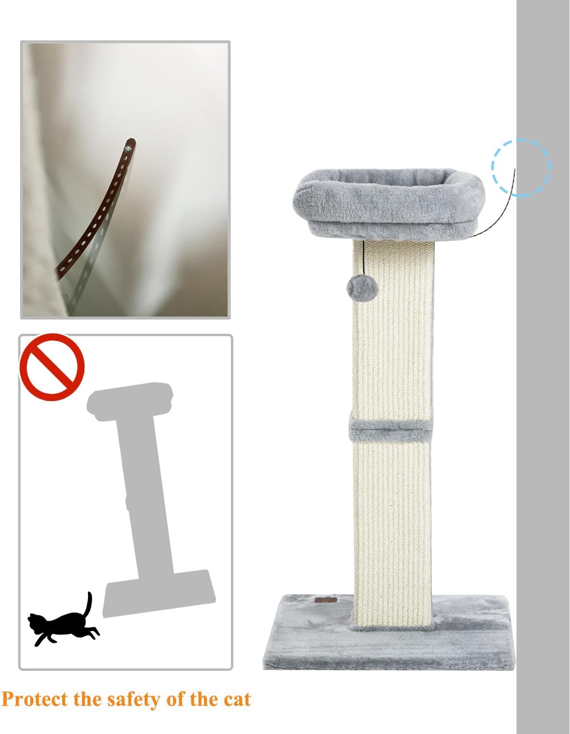 Karolpar 32" Cat Scratching Post for Indoor Cats, Sisal Cat Scratcher with Plush Perch, Large Scratch Post with Bed, Removable Cover, Sisal Fabric,Light Grey - Image 7