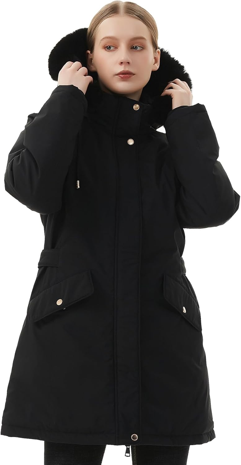 MOERDENG Women's Long Winter Down Coat Thicken Fleece Lined Parka Warm Puffer Jacket With Faux Fur Detachable Hood - Image 5