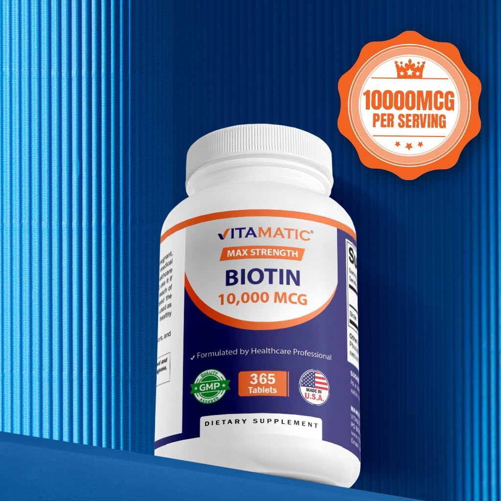 Vitamatic Biotin 10,000 mcg (10 mg) for Stronger Hair, Skin & Nails - 365 Vegan Tablets- Also Called Vitamin B7 - Image 6