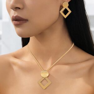 14K Gold Plated Geometric Square Circle Jewelry Set Snake Chain Pendant Necklace Hollow Square Stud Earrings Minimalist Modern Daily Casual Women Accessories