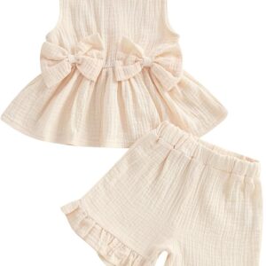 Kupretty Toddler Baby Girl Clothes Summer Linen Outfit Bows Ruffle Vest Shirts + Ruffled Short Set 12 18 24 Month 2T 3T