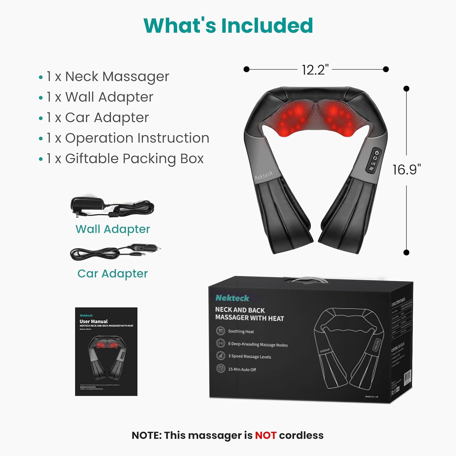 Nekteck Shiatsu Neck Massager with Heat for Pain Relief Deep Tissue, 2026 Upgraded 3D Back Shoulder Kneading Massage Pillow, Relaxation Gifts for Mom Dad Father's Day, Black(NOT Cordless) - Image 9