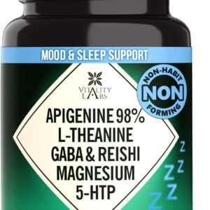 Natural Sleep Aid Supplement for Adults Without Melatonin – Non-Habit Forming Herbal Sleep – GABA, L-Theanine, Reishi Mushroom, Apigenin, Magnesium Glycinate, 5-HTP – 90 Vegan Capsules