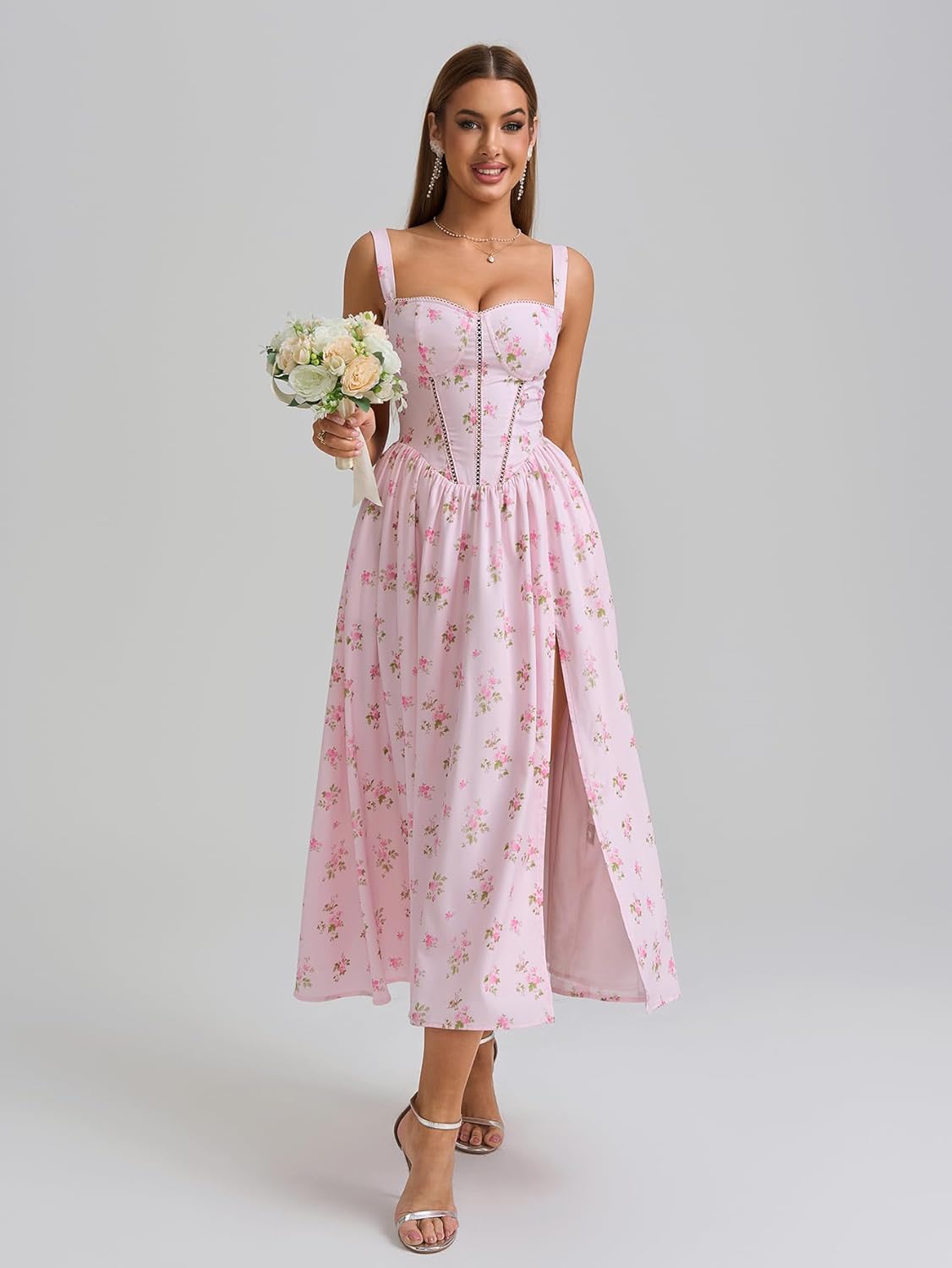 KUTUMAI Floral Corset Midi Dress Flowy Slit Summer Spring Wedding Guest Dresses for Women Sundress with Pockets - Image 5