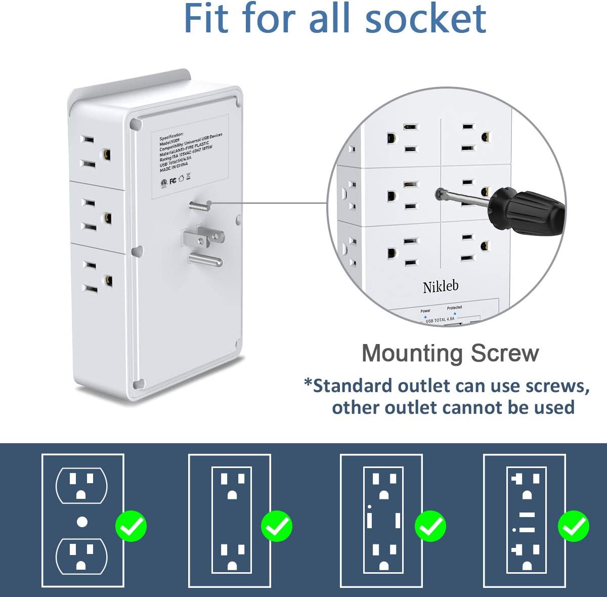 Multi Plug Outlet Surge Protector Nikleb, 12 Electrical Outlets Extender with 4 USB Charging Ports Total 4.8A, Wall Plug Expander 3 Prong for Room, Office, Gaming, Cord Organizer Accessories - Image 4