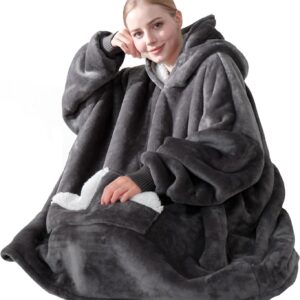 Touchat Wearable Blanket Hoodie, Oversized Sherpa Fleece Sweatshirt Blanket with Giant Hood Pocket and Sleeves for Adult, Warm & Cozy Grey Blanket Gifts for Women