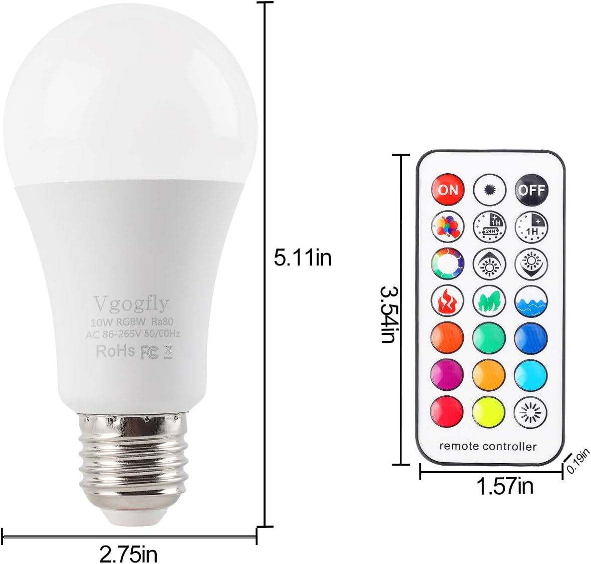 Vgogfly RGB Led Light Bulbs 10W Color Changing Light Bulb with Remote Control 5000k Daylight White (2 Pack) Remove Battery Separator Before Use - Image 5