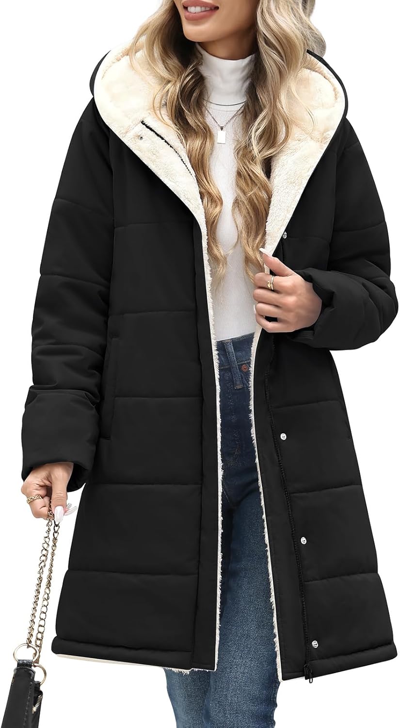 UMIPUBO Women's Long Winter Puffer Jacket – Sherpa Fleece Lined Hooded Coat, Water-Repellent Windproof Warm Quilted Outerwear