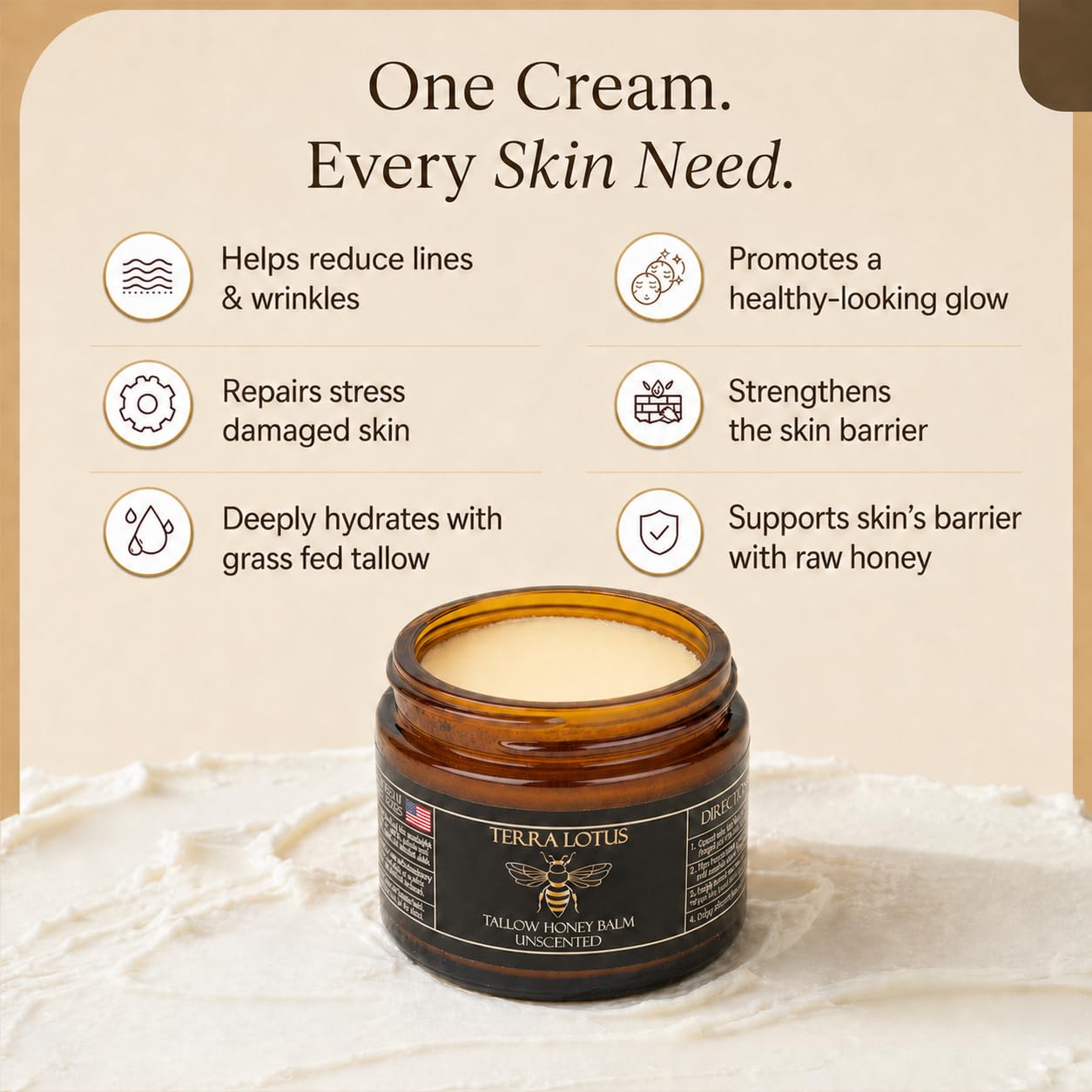 Terra Lotus - Organic Grass-Fed Beef Tallow Balm with Raw Honey - Moisturizing Cream for Soft, Smooth Skin - Handmade All-Natural Moisturizer (2 Oz, Unscented) - Image 3