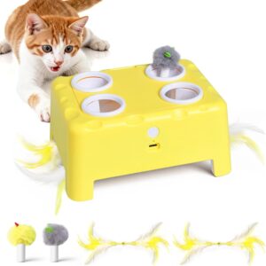 Cheese Box Interactive Cat Toy for Indoor Cats, 3-in-1 Whack a Mole Feather Toy, 3 Modes Rechargeable Auto Cat Toys for Bored Cats, 4 Holes Kitten Toy, 4 Accessories (Yellow)