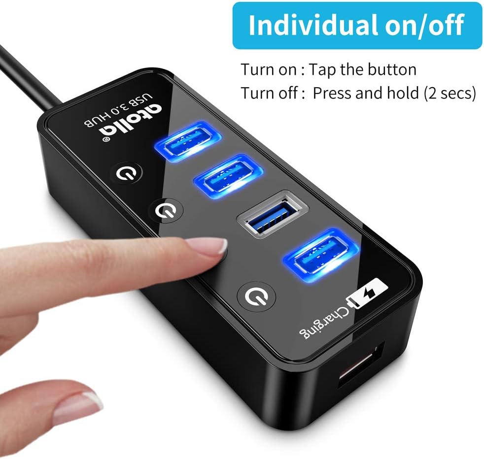 Atolla 4-Port USB 3.0 Hub with 4 Data Ports, 1 Smart Charging Port, Individual On/Off Switches and 5V/3A Adapter - Image 4
