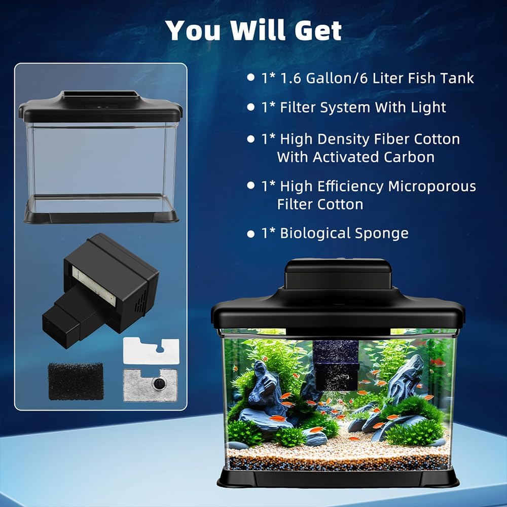 DaToo Small Fish Tank Ultra-Clear 1.6 Gallon Aquarium Starter Kits with LED Lighting and Filter System Beginner-Friendly Mini Betta Aquarium for Small Fish Shrimp Desktop Room Decoration - Image 7