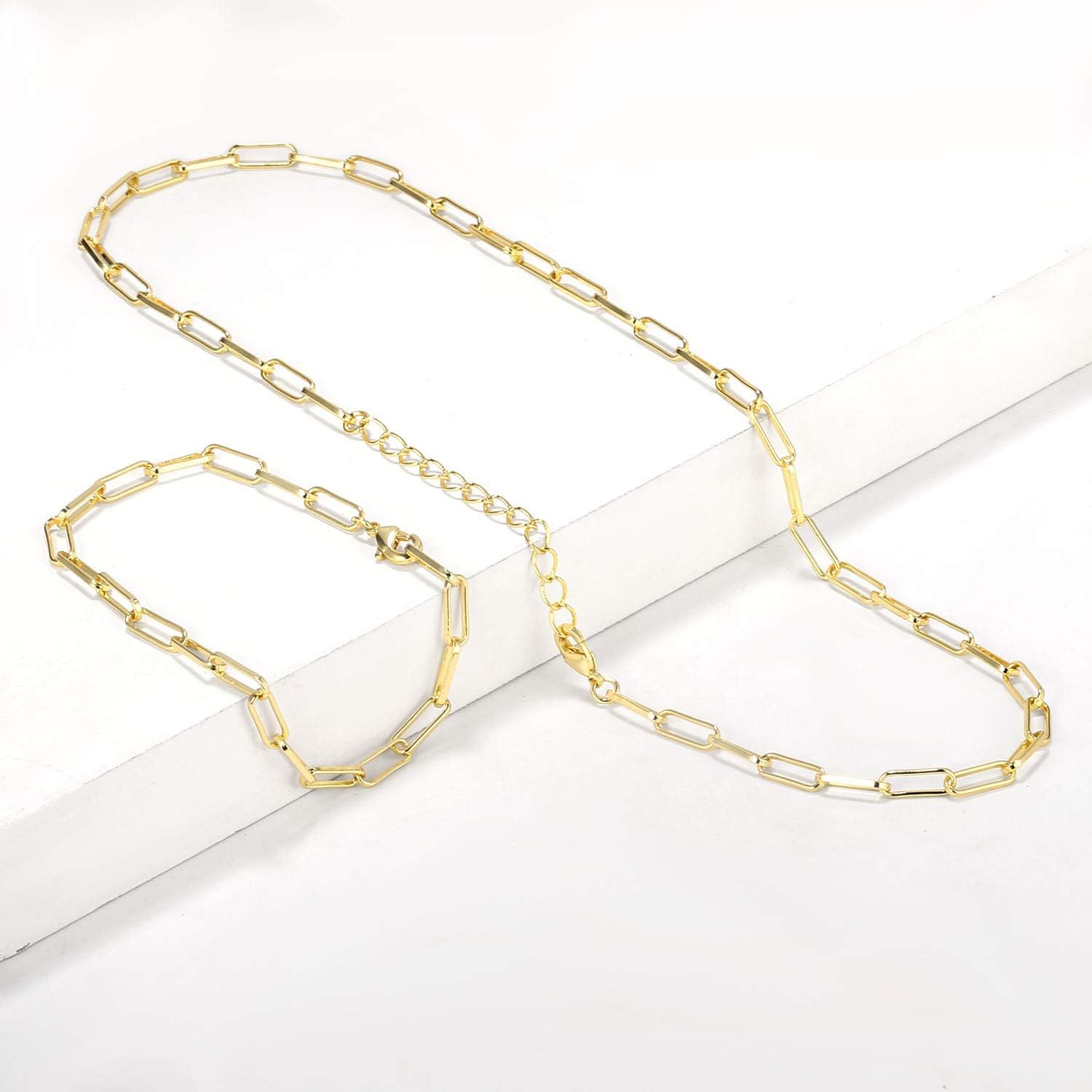 BOUTIQUELOVIN 14K Gold Plated Dainty Rectangle Paperclip Link Chain Necklace Bracelet Set for Women Jewelry Long Lasting Color - Image 3