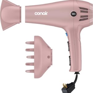 Conair Hair Dryer with Retractable Cord, 1875W Blow Dryer, 3 Heat Settings, 2 Speeds, Blow Dryer with Diffuser and Concentrator Attachments, Ionic + Tourmaline Technology, Matte Light Pink