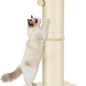 PAWSCRAT Cat Scratching Post 32 Inch High, 5.5 Inch Large Diameter Natural Sisal Cat Scratch Post, Scratch-Resistant and Durable Tall Cat Scratcher for Indoor Cats, Protect Your Furniture, Beige