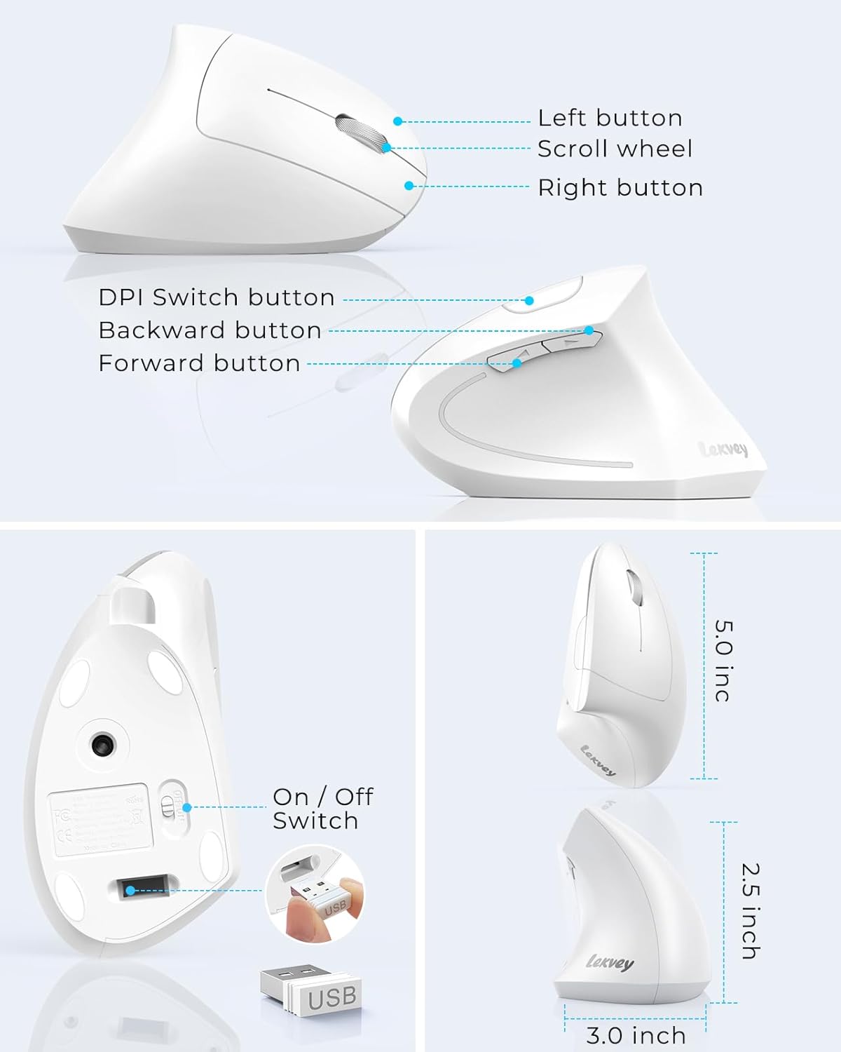 Lekvey Ergonomic Mouse, Vertical Wireless Mouse, Rechargeable 2.4G Optical Carpal Tunnel Mice with USB Receiver: 1000/1200/1600 DPI, 6 Buttons, for Laptop, Computer, Mac, PC, Desktop, Notebook, White - Image 6