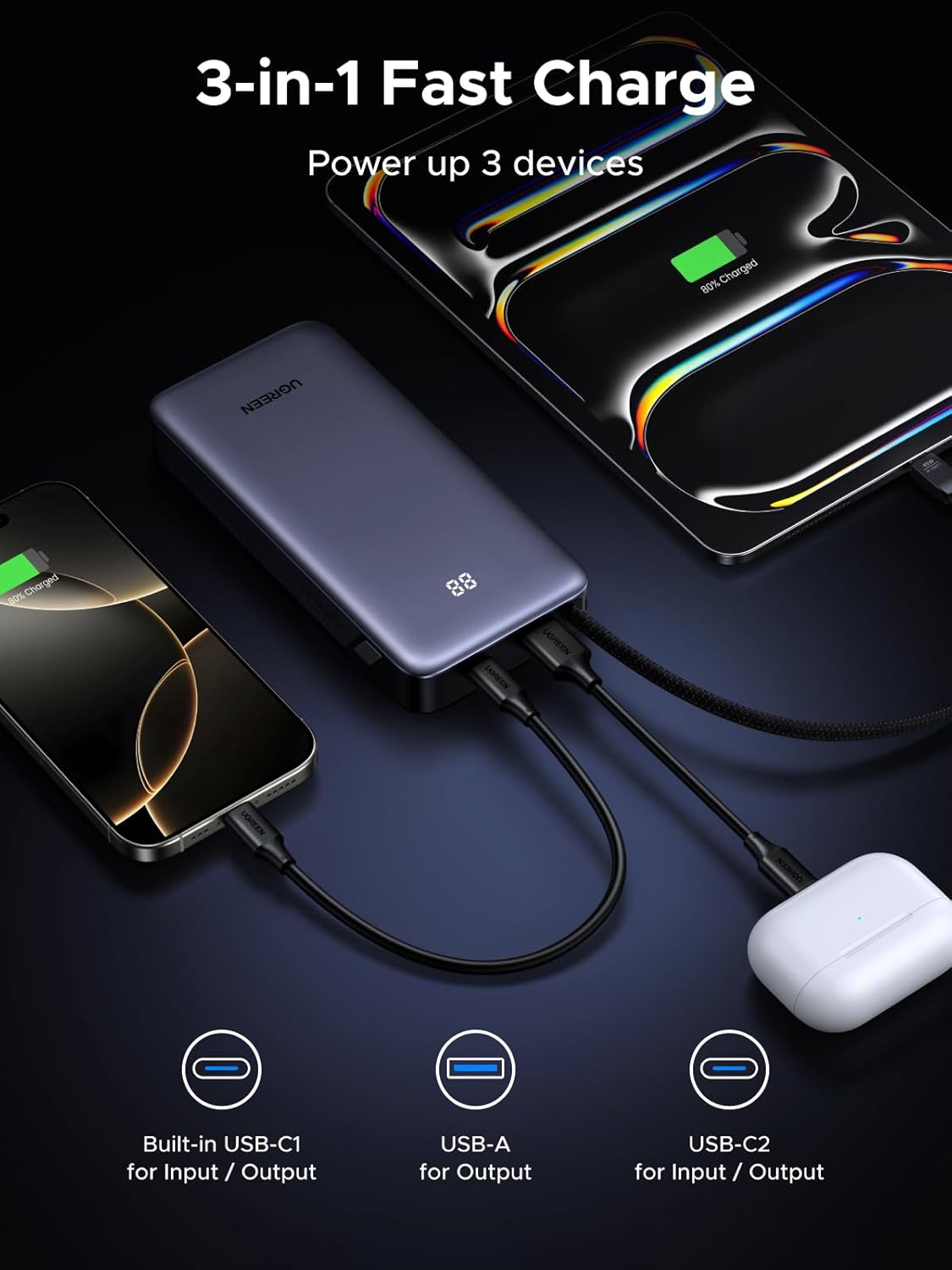 UGREEN Nexode Power Bank 20000mAh 45W with Built-in Cable, Fast Charging Portable Charger for iPhone 17 Pro/Samsung S26 Ultra/iPad Pro, 3-Port External Battery Pack with Digital Display, Travel Ready - Image 5
