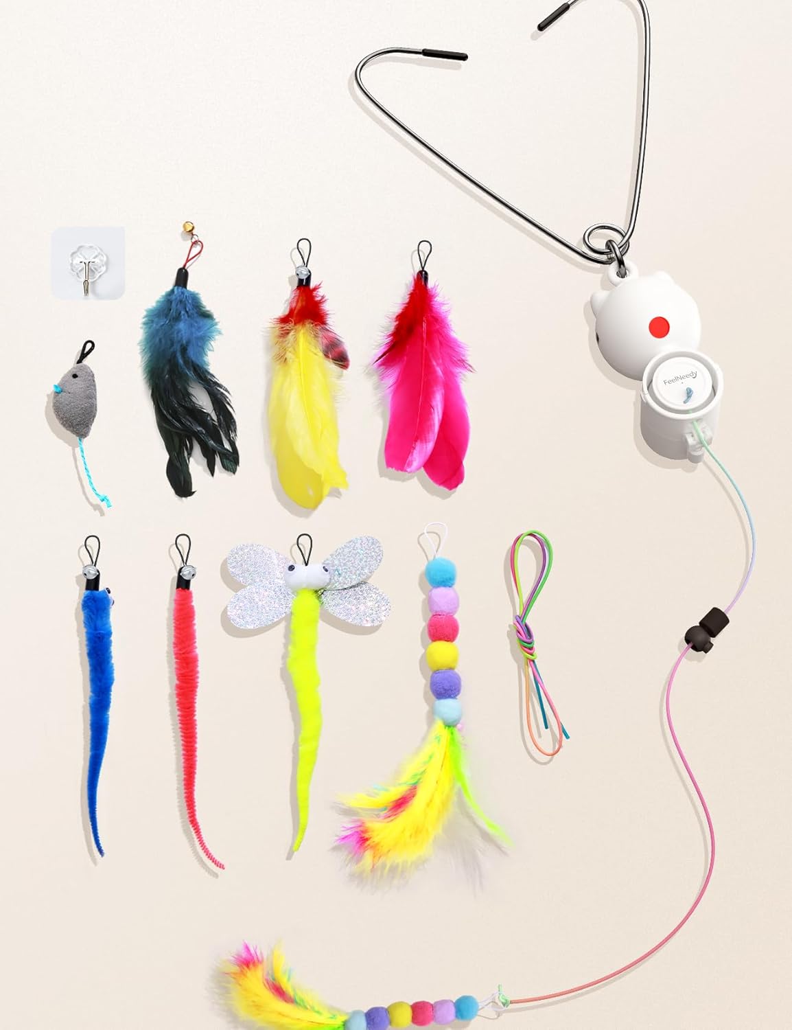 FEELNEEDY Laser Interactive Cat Toys, LED Light, 8 PCS Replacement Teaser with Bell Refills, Feather & Mouse Cats Toy, Hanging Cat Toys for Indoor Cats, for Bored Adult Kitten Exercise, Silver - Image 7