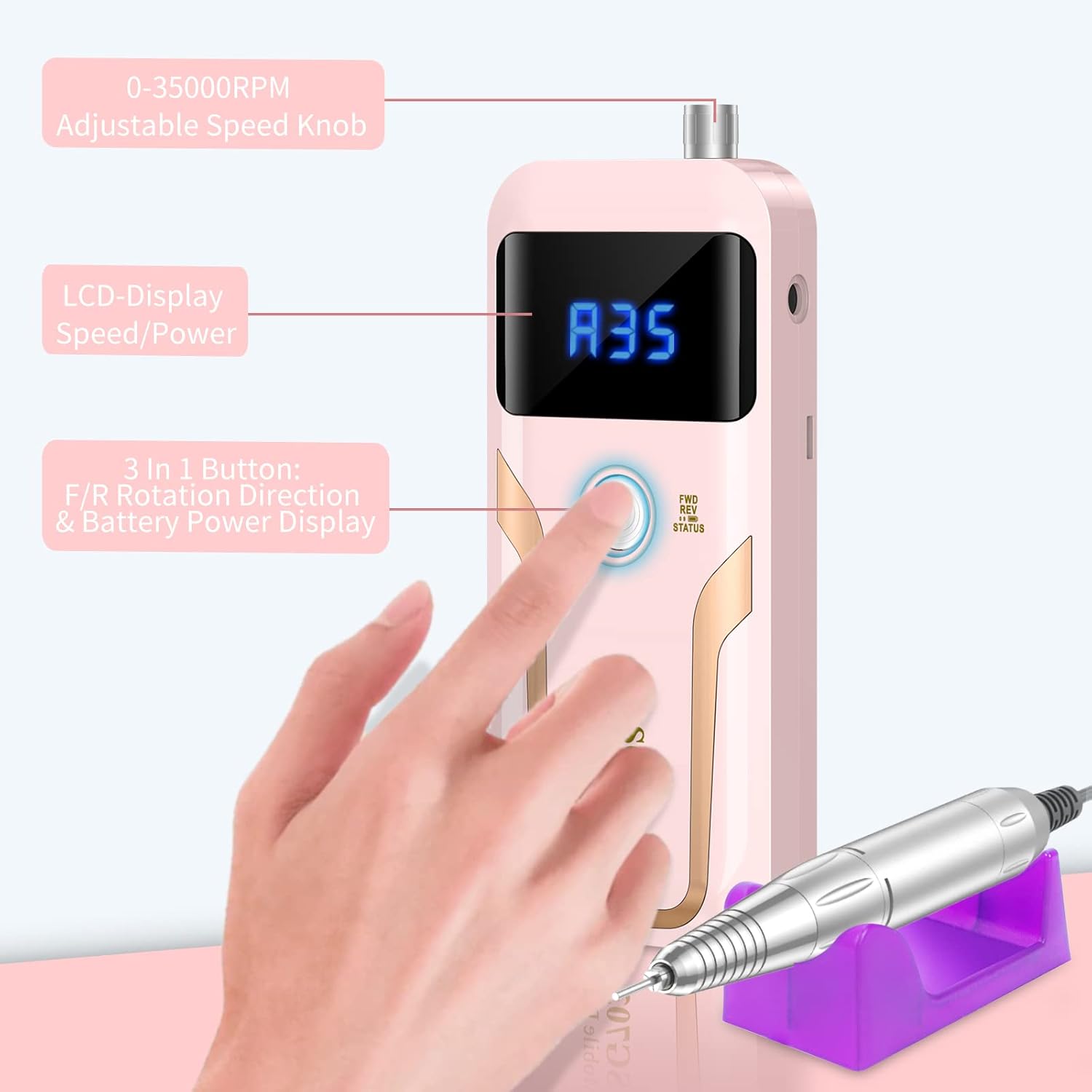 MOCOWIND Portable Nail Drill Professional 35000 RPM, Rechargeable Electric Nail File Machine Cordless E-File for Acrylic Gel Polishing Removing with Bits Kit for Manicure Salon Home, Pink - Image 7