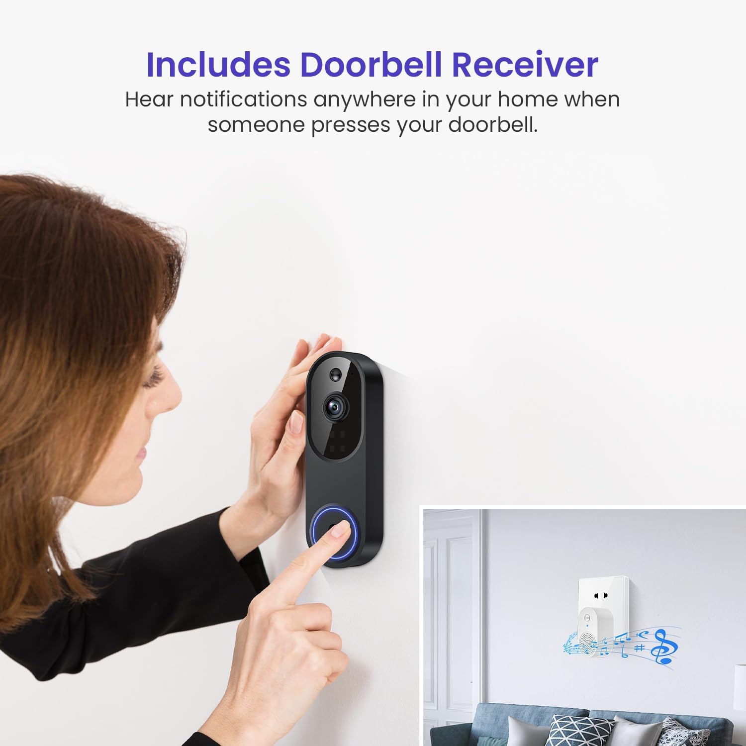 1080p Smart Wi-Fi Doorbell Camera with Doorbell Receiver, AI Motion Detection, Night Vision, Cloud Storage, 2 Way Audio, Battery Powered, 2.4GHz Wi-Fi Only - Image 4