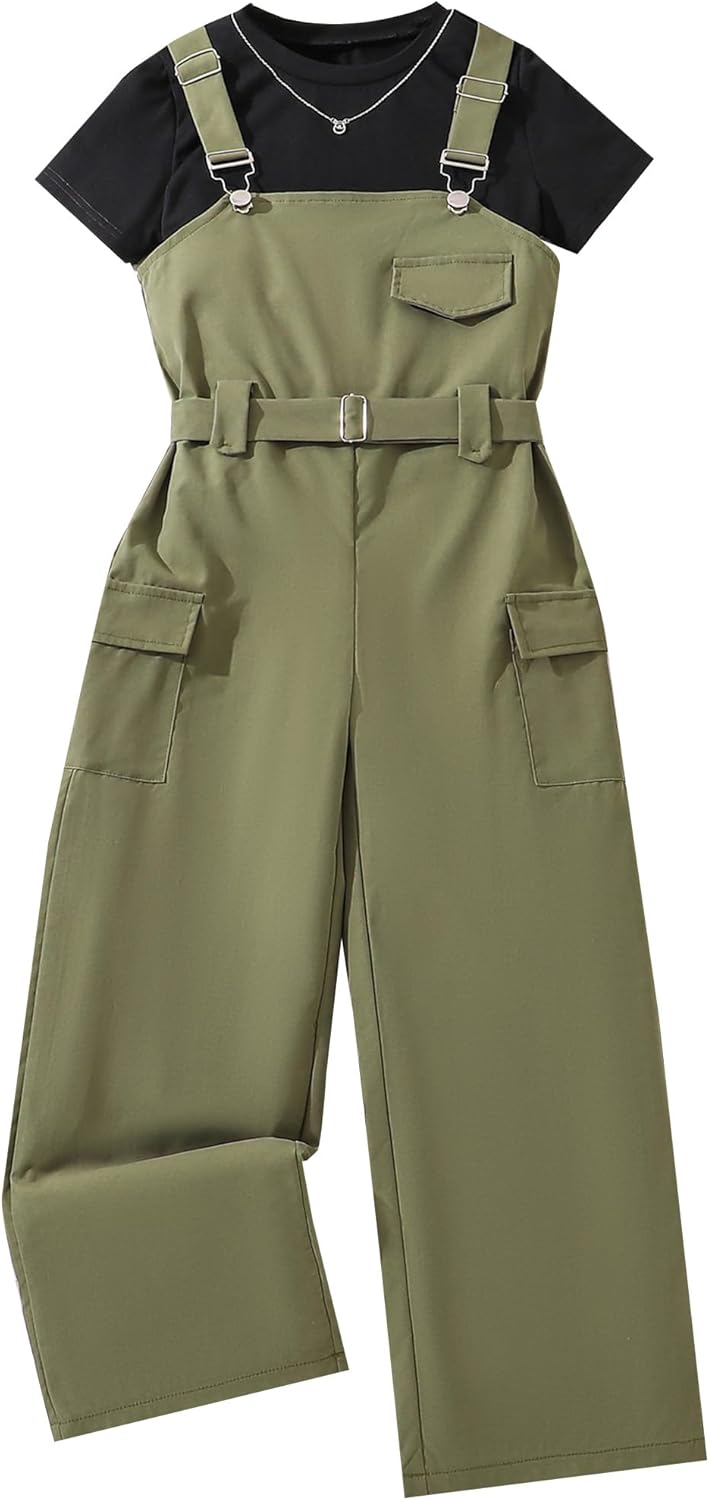 Hilinker Girl's 2 Piece Outfits Overalls Short Sleeve Top and Cargo Jumpsuit Set with Pockets 7-14 Years