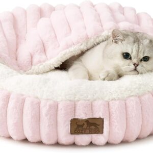 Cat Bed with Hooded Blanket, Round Fluffy Anti-Anxiety Pet Bed for Cats/Toy Breed Dogs, Cozy Donut Cuddler with Machine Washable Faux Fur & Anti-Slip Bottom(20″×20″×6″,Pink)