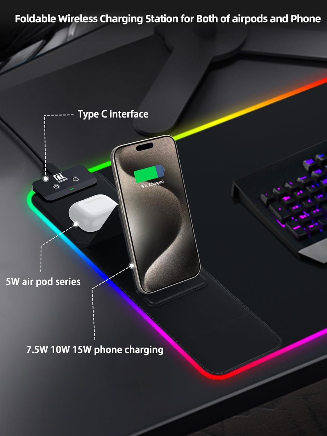 XXL Mouse Pad with Phone Holder - Black, RGB Desk Mat with 15W Fast Charging, LED Gaming Mousepad with 11 Light Colors, Waterproof Non-Slip Pad for Office & Home - Image 4