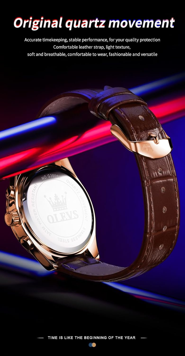 OLEVS Men's Leather Analog Quartz Watch - Luxury Chronograph Wristwatch with Date, Waterproof, Luminous - Dress Style - Image 8