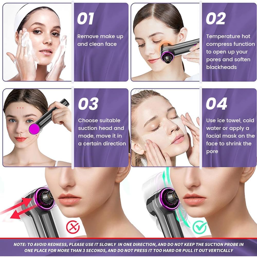 Blackhead Remover Pore Vacuum with Heating Function, Electric Comedone Extractor with 3 Suction Levels & 9 Modes, for Deep Pore Cleansing on Nose and Face with 5 Interchangeable Heads - Image 8