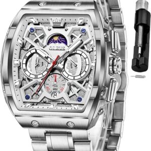 OLEVS Men Watches Business Dress Chronograph Big Square Quartz Analog Male Watch Silicone Strap Waterproof Date Gift Mens Wrsit Watch Silver