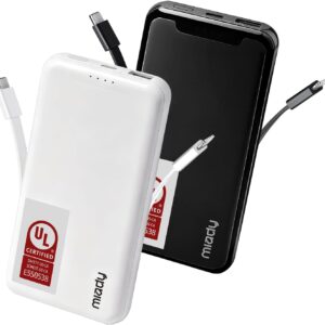 Miady [UL Listed] 2-Pack Portable Charger, 10000mAh Slim Power Bank Built-in 2 Cables Lightweight Travel Battery Pack 3 Outputs 2 Inputs Compatible with iPhone 17/16/15/14/13 Galaxy S24/S22 iPad etc