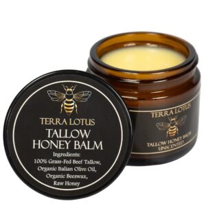 Terra Lotus – Organic Grass-Fed Beef Tallow Balm with Raw Honey – Moisturizing Cream for Soft, Smooth Skin – Handmade All-Natural Moisturizer (2 Oz, Unscented)