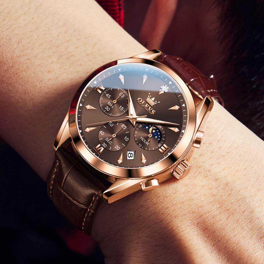 OLEVS Men's Leather Analog Quartz Watch - Luxury Chronograph Wristwatch with Date, Waterproof, Luminous - Dress Style - Image 2
