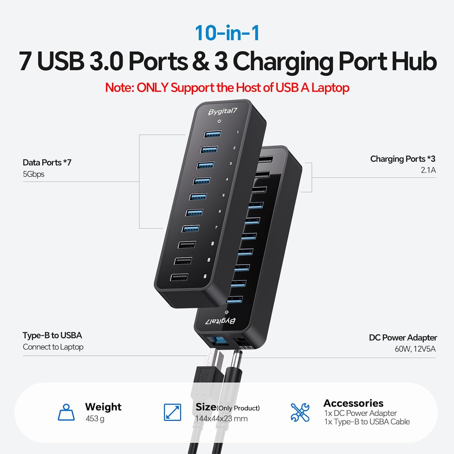 USB 3.0 Hub, 10Ports USB-Hub with 7 USB-3.0 & 3 BC1.2 Ports, Multi USB 60W Data Hub Compatible for USB A Laptops, PC, All USB Devices, Mobile and HDD, USB 3.1 Splitter - Image 2