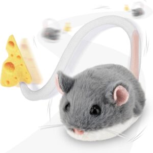 Migipaws Interactive MigiMouse Cat Toy 360° Rolling & Spin with Mesh Plastic Tail for Indoor Cats Smart Motion Sensor, Realistic Squeak, Rechargeable Plush Kitten Toy(Grey)