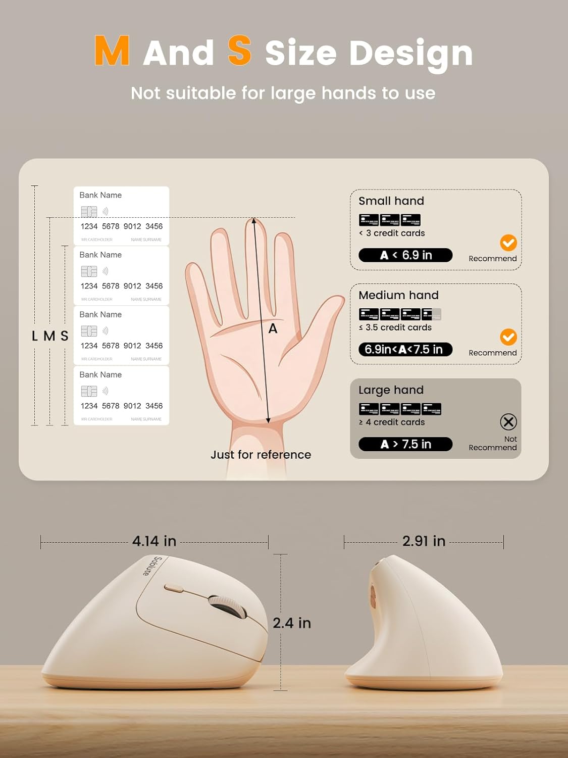 SABLUTE MAM3 Ergonomic Mouse, Rechargeable Wireless Vertical Mouse with 4 Adjustable DPI for Small/Medium Hands, Dual-Device Connectivity for Computer/PC/Laptop,Bluetooth Mouse for Window,Mac OS,Beige - Image 2