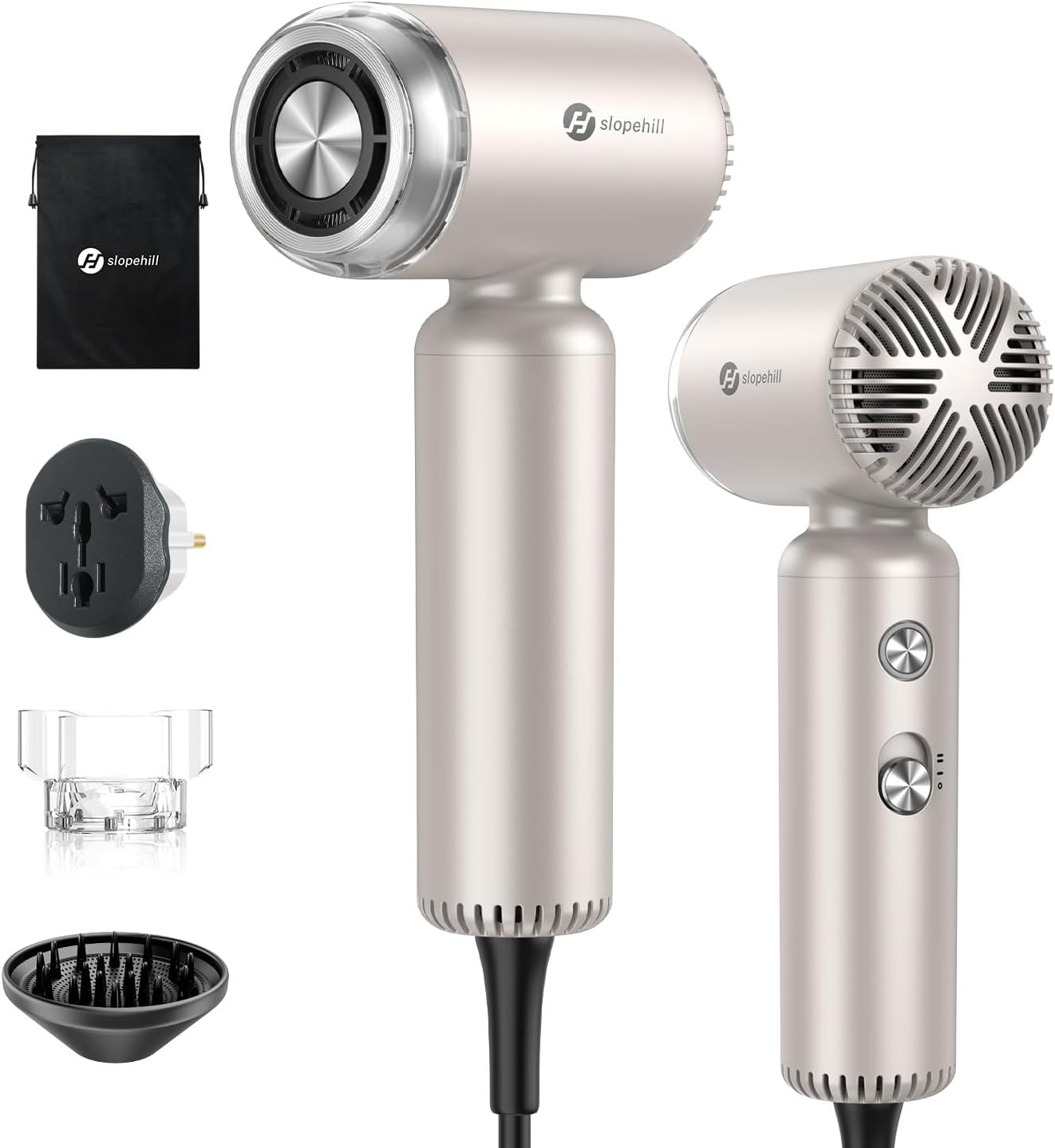 slopehill Dual Voltage Travel Mini Hair Dryer, Lightweight Ionic Blow Dryer, Professional Fast Drying, Compact Portabe Quiet Hairdryer with Magnetic Diffuser for Women, International European 100-240V