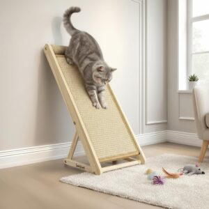 Cat Scratching Pad with 100% Sisal, Stable Triangle Design, 2-Step No-Tool Assembly, 22″ Wooden Ramp to Protect Furniture & Sofa, Natural Incline Board for Indoor Cats (Brown)