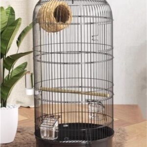 Bird Cage with Wire Mesh, Round Iron Bird Cage, Indoor Parrot Cage, for Small Parrots Parakeets Cockatiels(Black)
