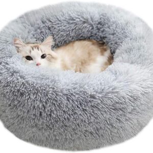 Modern Soft Plush Round Pet Bed for Cats or Small Dogs, Mini Medium Sized Dog Cat Bed Self Warming Autumn Winter Indoor Snooze Sleeping Cozy Kitty Teddy Kennel (20” D x 8” H, Light Grey)