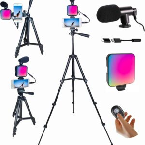 Vlogging kit for iPhone, YouTube Starter Kit, Vlogging Kit for Andriod Phone,Content Creator Essentials, w/RGB Light/Tripod/Mic/Jack Adapter/Remote