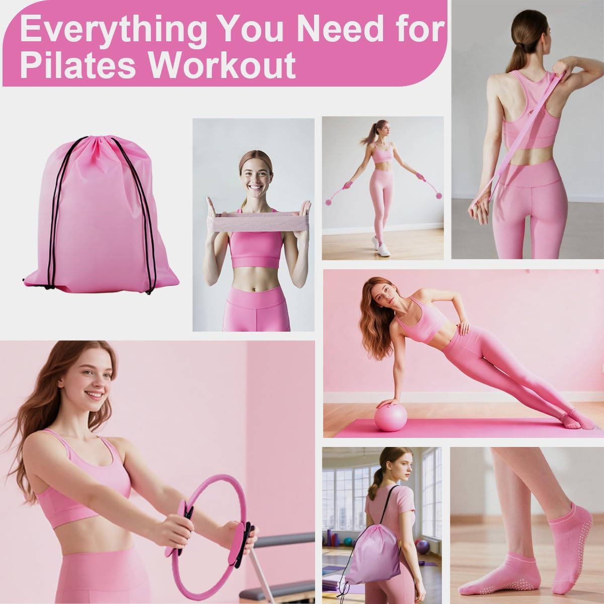 Home Pilates Kit for Women, Workout Set with 12.9" Ring, 9.8" Mini Ball, 4 Fabric Bands, Figure-8 Band, Stretch Band, D-Ring Strap, Cordless Jump Rope, Socks, Carry Bag - Image 3