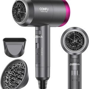 CONFU Ionic Blow Dryer 1600W, Portable Lightweight Fast Drying Negative Ion Hairdryer Blowdryer, 3 Heat Settings & Infinity Speed, with Diffuser and Concentrator Nozzle for Home & Travel