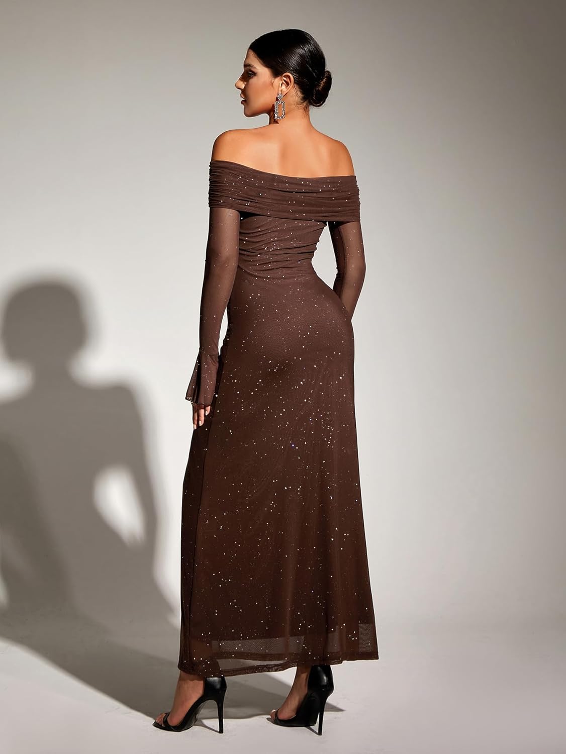 KUTUMAI Women Off Shoulder Bodycon Maxi Dress Long Sleeve Mesh Ruched Party Formal Wedding Guest Dresses - Image 3