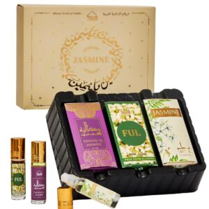 Dukhni Jasmine Attar Oil Set Authentic Arabic Fragrance Oils | 100% Pure, Alcohol-Free Arabic Perfume Oil Blends for men & women | Jasmine, Attar ful, Sandalia – 6ml each