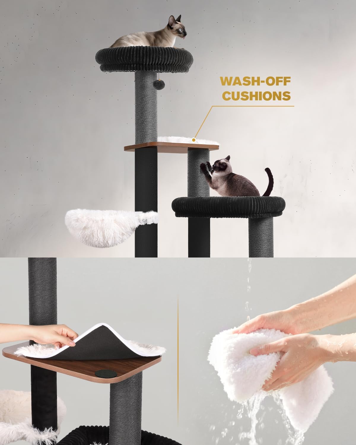 63" Modern Cat Tree Tower for Indoor Cats, Heavy Duty Cat Trees for Large Cat, Adult Maine Coon Cat Tree Tower with Scratching Post, Extra Large Top Perch, Cat Condos (Black) - Image 3