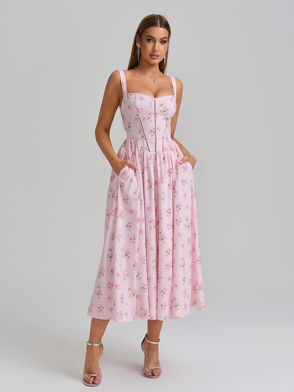 KUTUMAI Floral Corset Midi Dress Flowy Slit Summer Spring Wedding Guest Dresses for Women Sundress with Pockets - Image 2